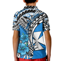 Wallis et Futuna Polo Shirt KID Polynesian Pattern and Hibiscus Flowers Version Blue LT13 - Polynesian Pride