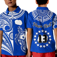 (Custom Text and Number) Rarotonga Cook Islands Polo Shirt KID Turtle and Map Style Blue LT13 Kid Blue - Polynesian Pride