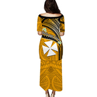 Wallis And Futuna Puletasi Dress Plumeria Flowers With Gold Polynesian Pattern LT14 - Polynesian Pride