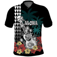 Hawaii Ukulele Mix Hibiscus and Coconut Tree Polo Shirt Aloha Vintage Black Version LT9 Black - Polynesian Pride