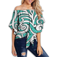 Polynesian Maori Ethnic Ornament Turquoise Hawaii Women's Off Shoulder Wrap Waist Top Turquoise Female - Polynesian Pride