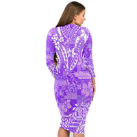 Polynesian Long Sleeves Bodycon Dress Tapa Plumeria Style - Purple LT7 - Polynesian Pride