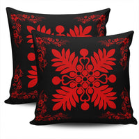 Hawaiian Quilt Maui Plant And Hibiscus Pattern Pillow Covers - Red Black - AH - Polynesian Pride