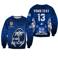 (Custom Text and Number) Fiji Rugby Sweatshirt Flying Fijians Blue Tapa Pattern LT13 Unisex Blue - Polynesian Pride
