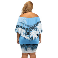 Fiji Day Off Shoulder Short Dress Flying Fijians Masi Kesa Style - Turquoise LT7 - Polynesian Pride