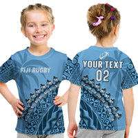 (Custom Text and Number) Fiji Tapa Rugby T Shirt Fijian Cibi Dance Tapa Pattern Blue LT14 Kid Blue - Polynesian Pride