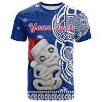 Custom New Zealand Christmas T Shirt Hei Tiki Blue Pohutukawa Meri Kirihimete LT14 - Polynesian Pride