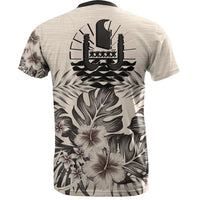 Tahiti T Shirt Tahiti FLag Beige Hibiscus - Polynesian Pride