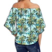 Tropical Palm Trees Blue Women's Off Shoulder Wrap Waist Top - AH - Polynesian Pride