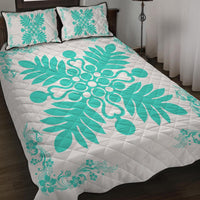 Hawaiian Quilt Maui Plant And Hibiscus Pattern Quilt Bed Set - Turquoise White - AH - Polynesian Pride