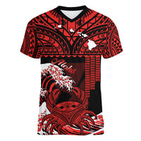 (Custom Personalised) Hawaii V-Neck T Shirt Kakau Polynesian Crab With Waves Ver.03 LT14 Female Red - Polynesian Pride