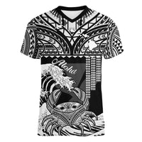 (Custom Personalised) Hawaii V-Neck T Shirt Kakau Polynesian Crab With Waves Ver.04 LT14 Female Black - Polynesian Pride