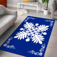 Hawaiian Quilt Maui Plant And Hibiscus Pattern Area Rug - White Blue - AH - Polynesian Pride