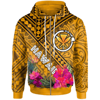 Hawaii Zip up Hoodie Kanaka Maoli With Hibiscus On Polynesian Patterns (YELLOW) Unisex Yellow - Polynesian Pride