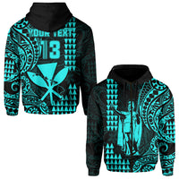 (Custom Text and Number) Hawaii Day Kakau Hoodie Proud To Be Hawaiian Turquoise King Kamehameha and Kanaka Maoli LT13 Zip Hoodie Turquoise - Polynesian Pride