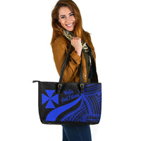 Wallis And Futuna Large Leather Tote Bag - Blue Polynesian Tentacle Tribal Pattern - Polynesian Pride