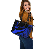 Guam Custom Personalised Large Leather Tote Bag - Blue Polynesian Tentacle Tribal Pattern - Polynesian Pride