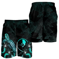 Yap Polynesian Men's Shorts - Turtle With Blooming Hibiscus Turquoise - Polynesian Pride