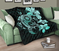 Hibiscus Plumeria Mix Polynesian Turquoise Turtle Premium Quilt - Polynesian Pride