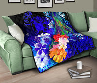 Tonga Premium Quilt - Humpback Whale with Tropical Flowers (Blue) - Polynesian Pride
