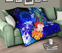 Federated States of Micronesia Premium Quilts - Humpback Whale with Tropical Flowers (Blue) - Polynesian Pride
