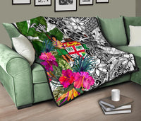 Fiji Premium Quilt White - Turtle Plumeria Banana Leaf Crest - Polynesian Pride