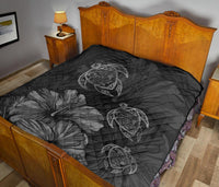 Hawaiian Map Turtle Hibiscus Vintage Polynesian Premium Quilt Gray - Polynesian Pride