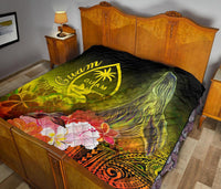 Guam Premium Quilt - Humpback Whale with Tropical Flowers (Yellow) - Polynesian Pride