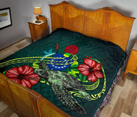 Cook Islands Polynesian Premium Quilt - Green Turtle Hibiscus - Polynesian Pride