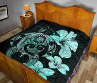 Hibiscus Plumeria Mix Polynesian Turquoise Turtle Premium Quilt - Polynesian Pride