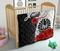 Tahiti Polynesian Custom Personalised Premium Quilt - Coat Of Arm With Hibiscus White - Polynesian Pride