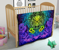 Hawaii Polynesian Premium Quilt - Hawaiian Green Yellow Tiki Face (Purple) - Polynesian Pride