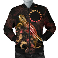 Cook Islands Polynesian Men's Bomber Jacket - Turtle With Blooming Hibiscus Gold Gold - Polynesian Pride