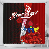 Cook Islands Polynesian Custom Personalised Shower Curtain - Coat Of Arm With Hibiscus 177 x 172 (cm) Red - Polynesian Pride