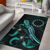 Cook Islands Polynesian Area Rugs - Turtle With Blooming Hibiscus Turquoise Turquoise - Polynesian Pride