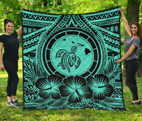 Hawaii Premium Quilt - Hawaii Map Honu Hibiscus Turquoise Polynesian Premium Quilt Turquoise - Polynesian Pride
