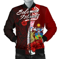 Solomon Islands Polynesian Men's Bomber Jacket - Coat Of Arm With Hibiscus Red - Polynesian Pride