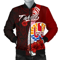 Tahiti Polynesian Men's Bomber Jacket - Coat Of Arm With Hibiscus Red - Polynesian Pride