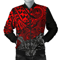 Tahiti Polynesian Men Bomber Jacket - Red Turtle Hibiscus Flowing - Polynesian Pride