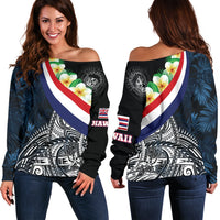Polynesian Hawaii Women's Off Shoulder Sweater - Hawaii Seal With Plumeria Style Black - Polynesian Pride