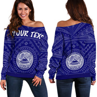 American Samoa Personalised Women's Off Shoulder Sweater - Seal In Polynesian Tattoo Style ( Blue) - Polynesian Pride