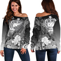 Samoa Women's Off Shoulder Sweater - Humpback Whale with Tropical Flowers (White) White - Polynesian Pride