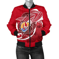 Tahiti Women's Bomber Jacket Shark Coat Of Arms Red - Polynesian Pride