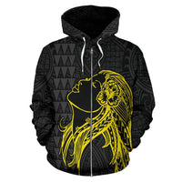 Polynesian Kakau Hula Girl Turtle Hibiscus Hawaii Zip Hoodie Yellow - Polynesian Pride