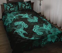 Hawaii Head Hammer Shark Hibiscus Turquoise Quilt Bed Set - Polynesian Pride
