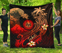 Tahiti Polynesian Premium Quilt - Plumeria Flowers And Waves Red - Polynesian Pride