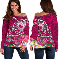 Samoa Custom Personalised Women's Off Shoulder Sweater - Turtle Plumeria (Pink) Pink - Polynesian Pride