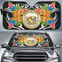 Hawaii Auto Sun Shades - Coat Of Arms With Tropical Flowers Auto Sun Shade - Hawaii Universal Fit Black - Polynesian Pride