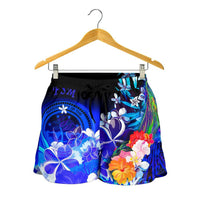 Federated States of Micronesia Women's Shorts - Humpback Whale with Tropical Flowers (Blue) - Polynesian Pride