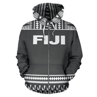 Fiji Tapa All Over Zip up Hoodie Grey and White Version - Polynesian Pride
